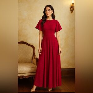 Pearl Red Maxi Dress with Flared Sleeves